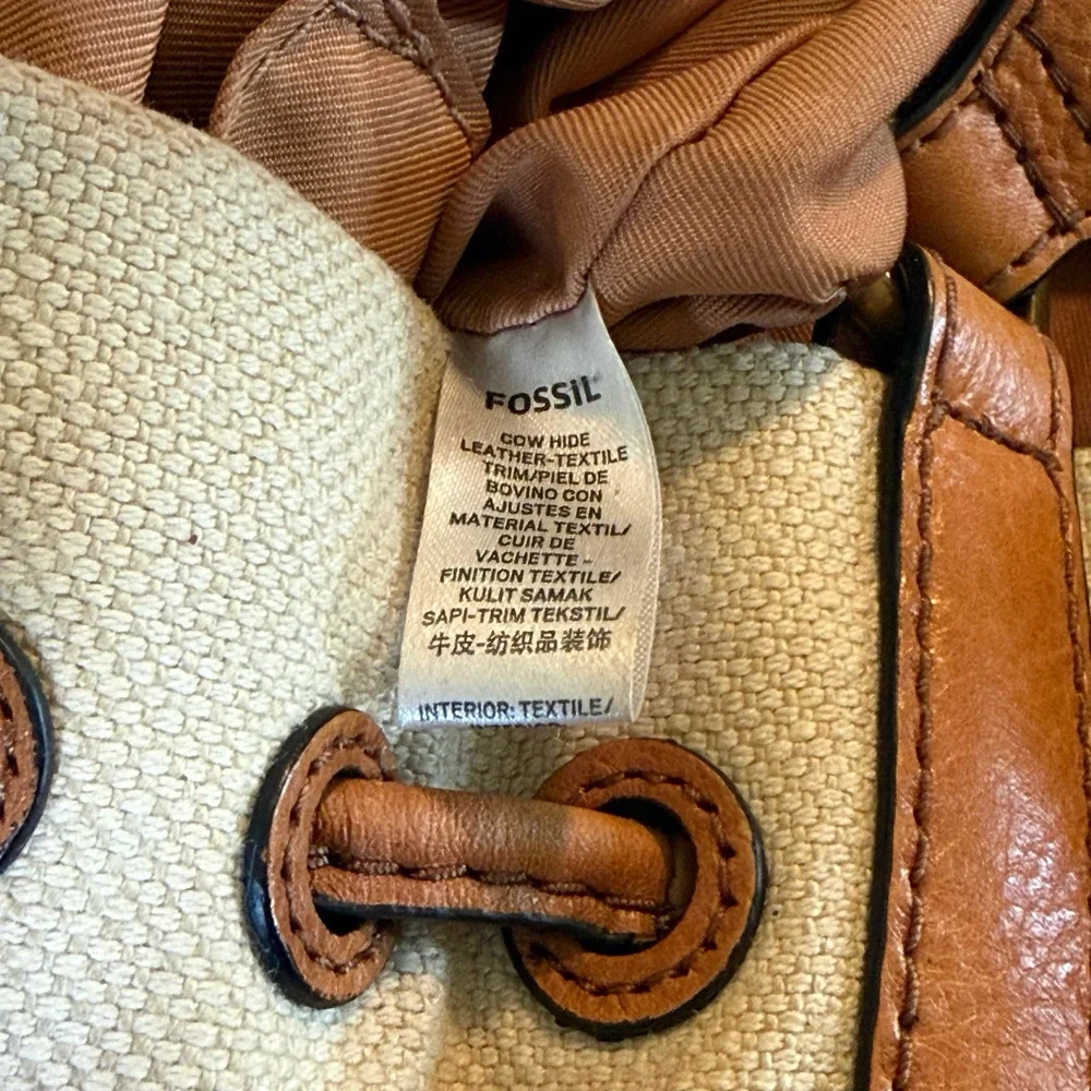 Fossil Leather & Canvas Tan Handbag Shoulder Bag Drawstring Bucket Purse 13x11x6